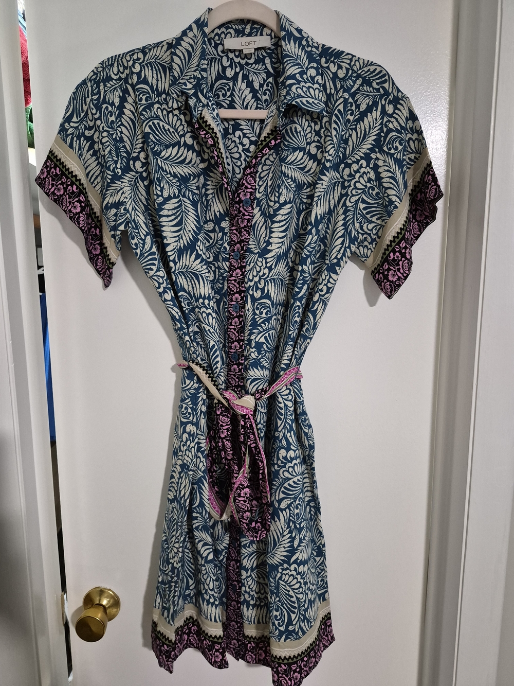 LOFT Blue Leaf Print Tie-Waist Shirt Dress